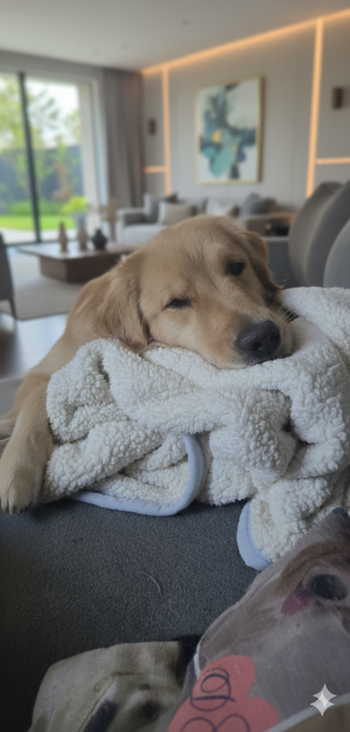 One of our Goldens lounging on the couch at home